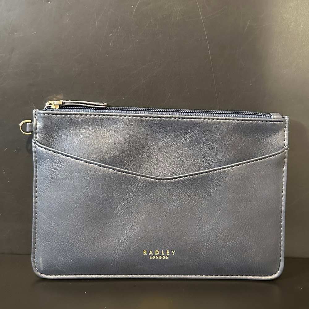 Radley London Navy Blue Leather Slim Zip Top Pouch Clutch Bag Gold Logo